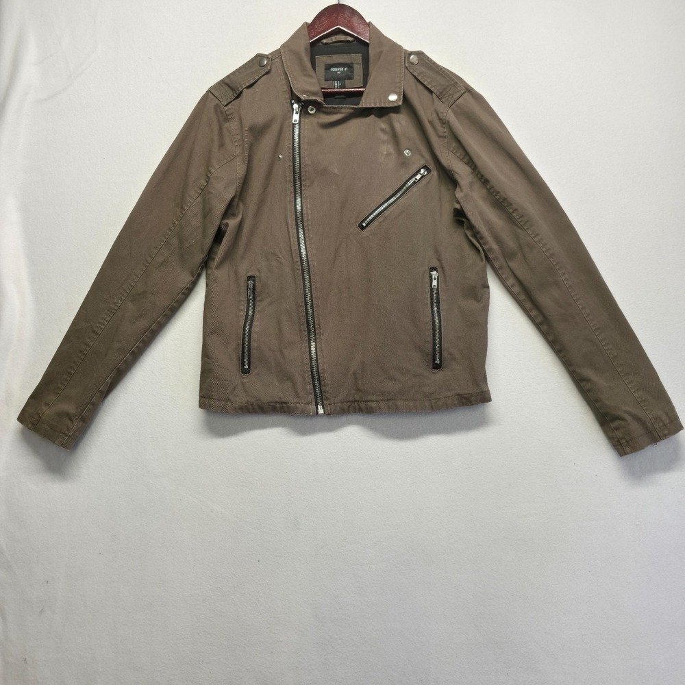 Forever 21 Men's Brown Asymmetrical Cotton Canvas Moto Jacket Size Small